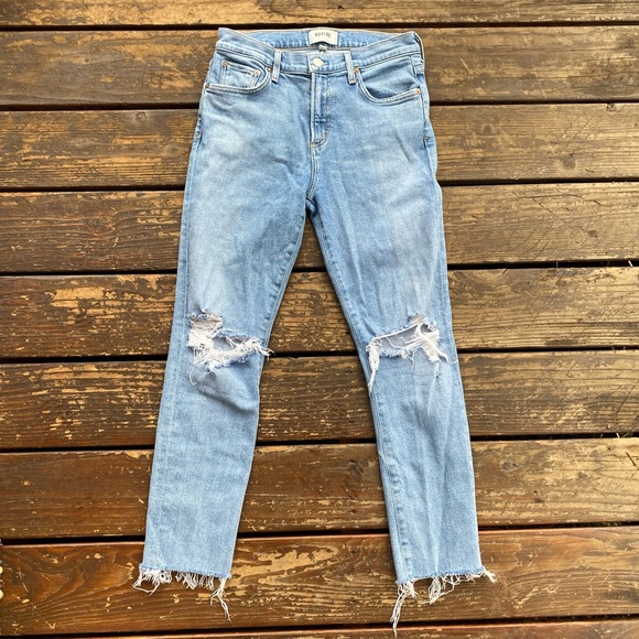 Agolde Toni straight leg high rise light wash raw hem jeans - Picture 1 of 5